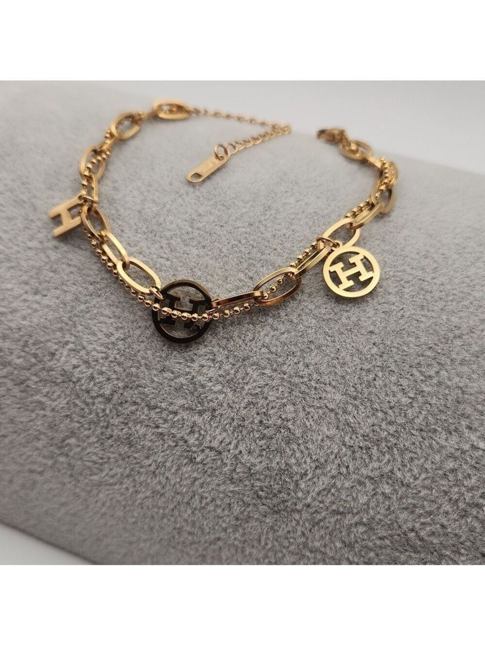 18k Gold Plated Geometric H Chain Bracelet | Mixed Link Design Modern Statement